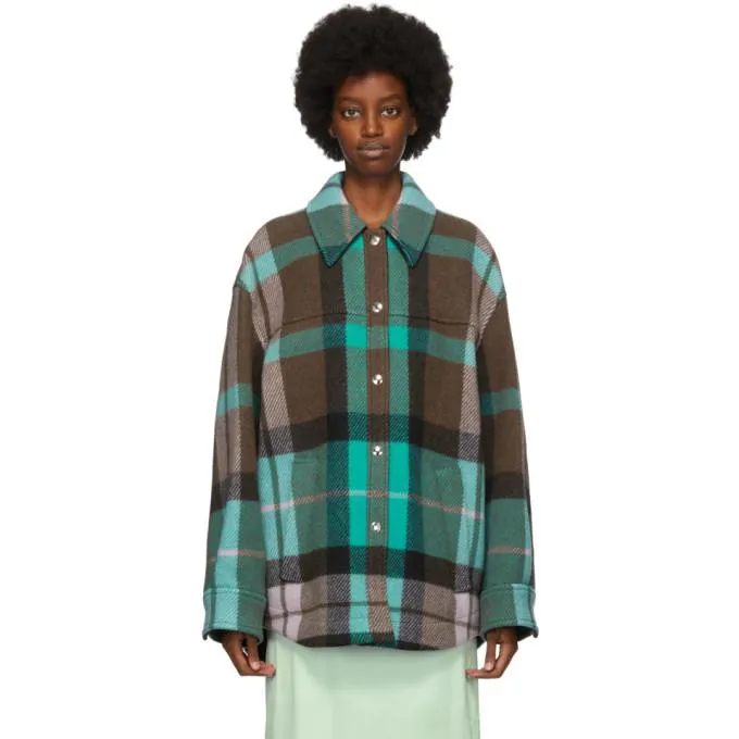 Acne Studios Green and Pink Wool Checkered Overshirt Jacket