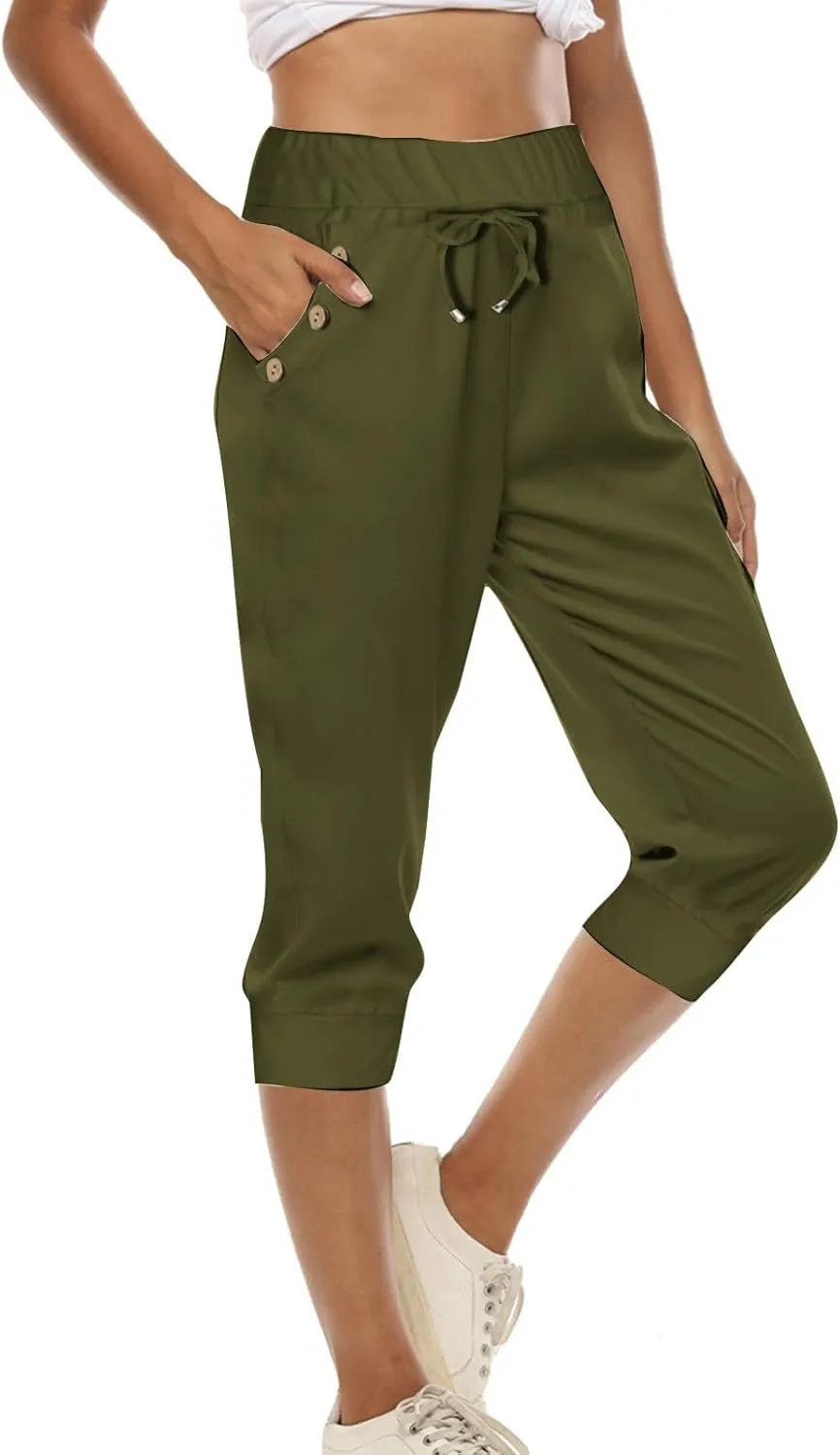 Capri Pants for Women High Waisted Drawstring Joggers Stretch Lightweight Casual Hiking Pant Capri with Pocket