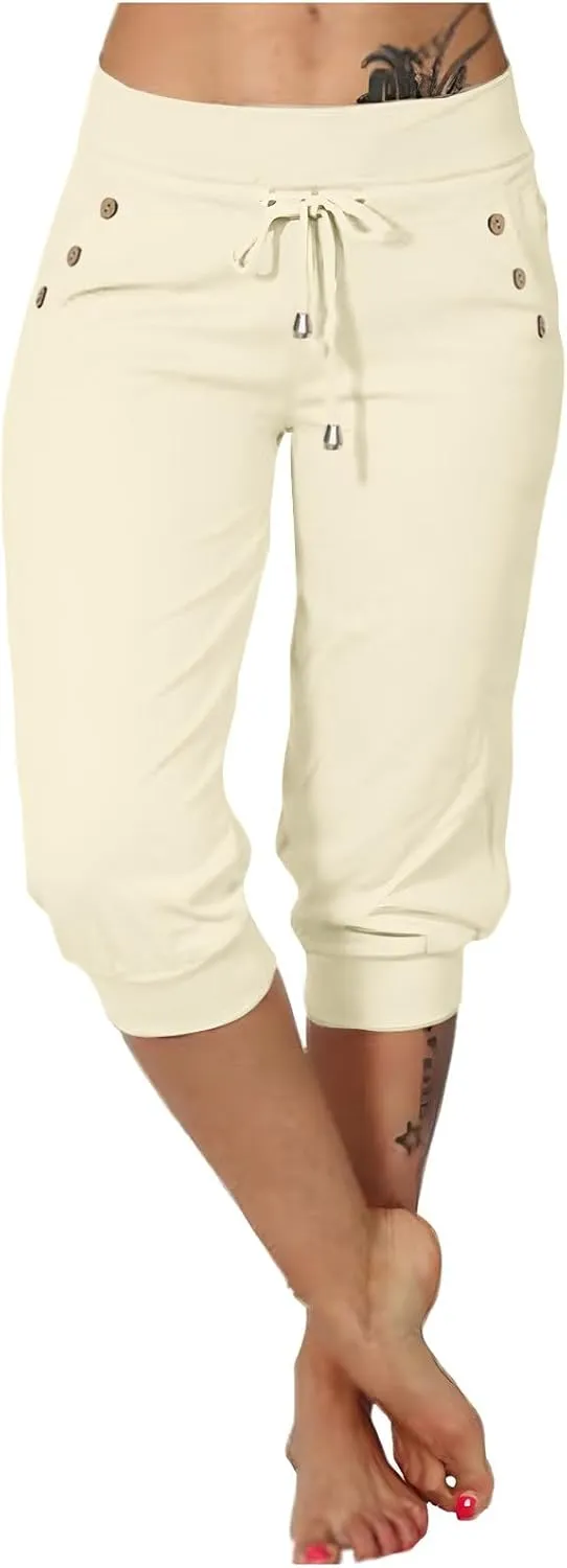 Capri Pants for Women High Waisted Drawstring Joggers Stretch Lightweight Casual Hiking Pant Capri with Pocket
