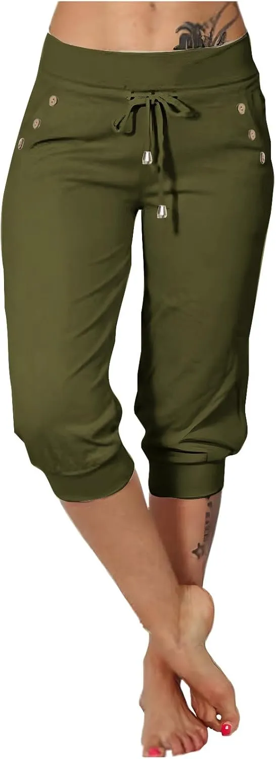 Capri Pants for Women High Waisted Drawstring Joggers Stretch Lightweight Casual Hiking Pant Capri with Pocket