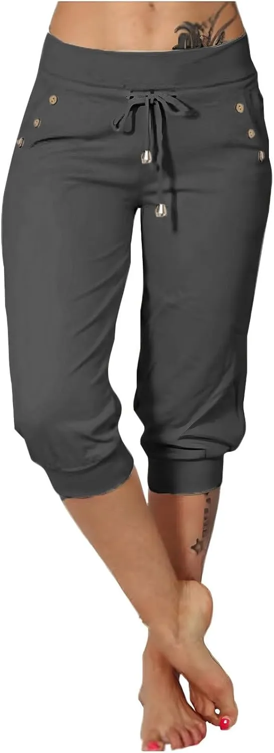 Capri Pants for Women High Waisted Drawstring Joggers Stretch Lightweight Casual Hiking Pant Capri with Pocket