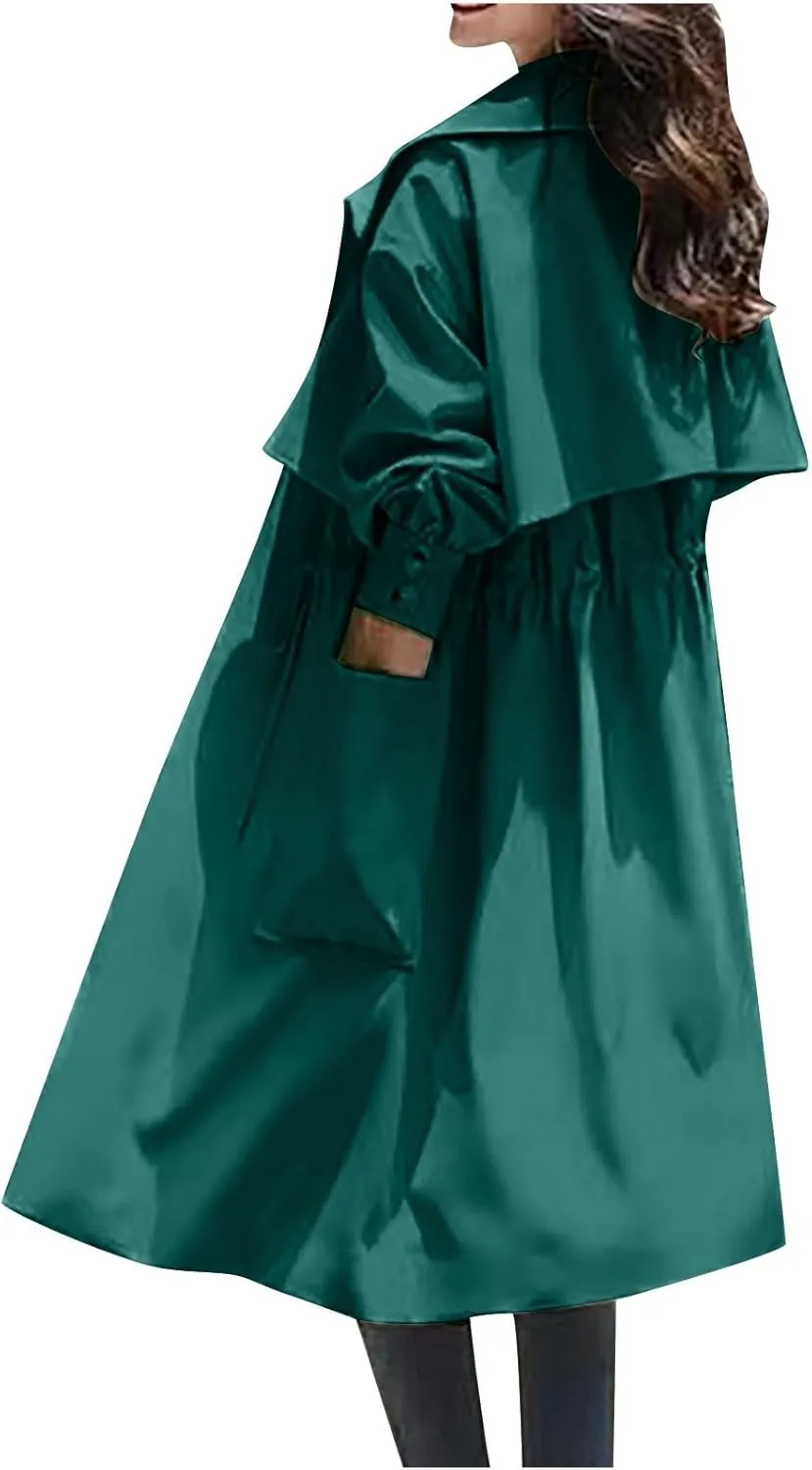 Coats for Women Trendy Lapel Collar Peacoat Fall Drawstring Waist Soild Trench Coat Light Thin Long Pea Coat Overcoat