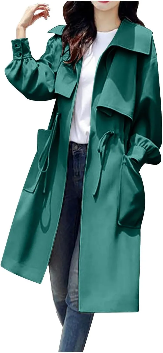Coats for Women Trendy Lapel Collar Peacoat Fall Drawstring Waist Soild Trench Coat Light Thin Long Pea Coat Overcoat