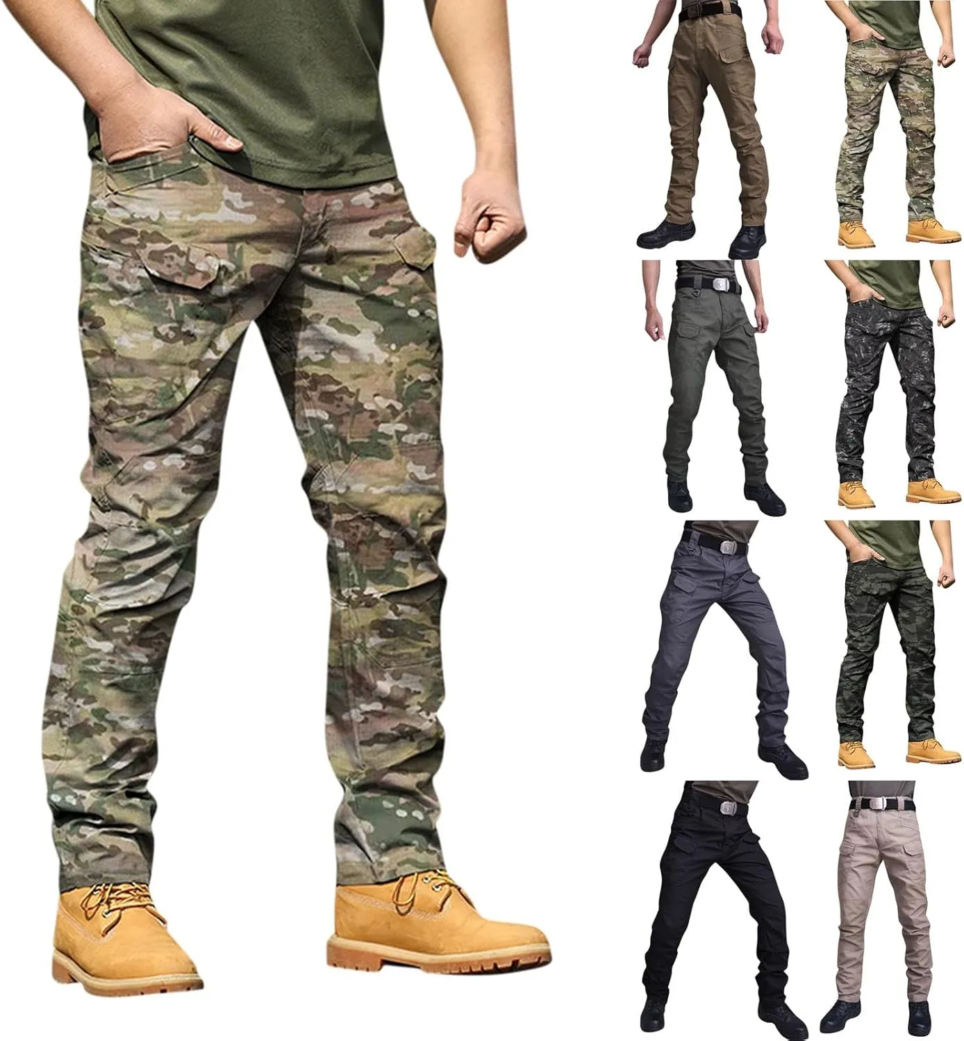 eoeioa Pants Mens Hiking Cargo Pants Multi Pocket Ripstop Stretch Waterproof Pants Solid Casual Outdoor Baggy Jogger