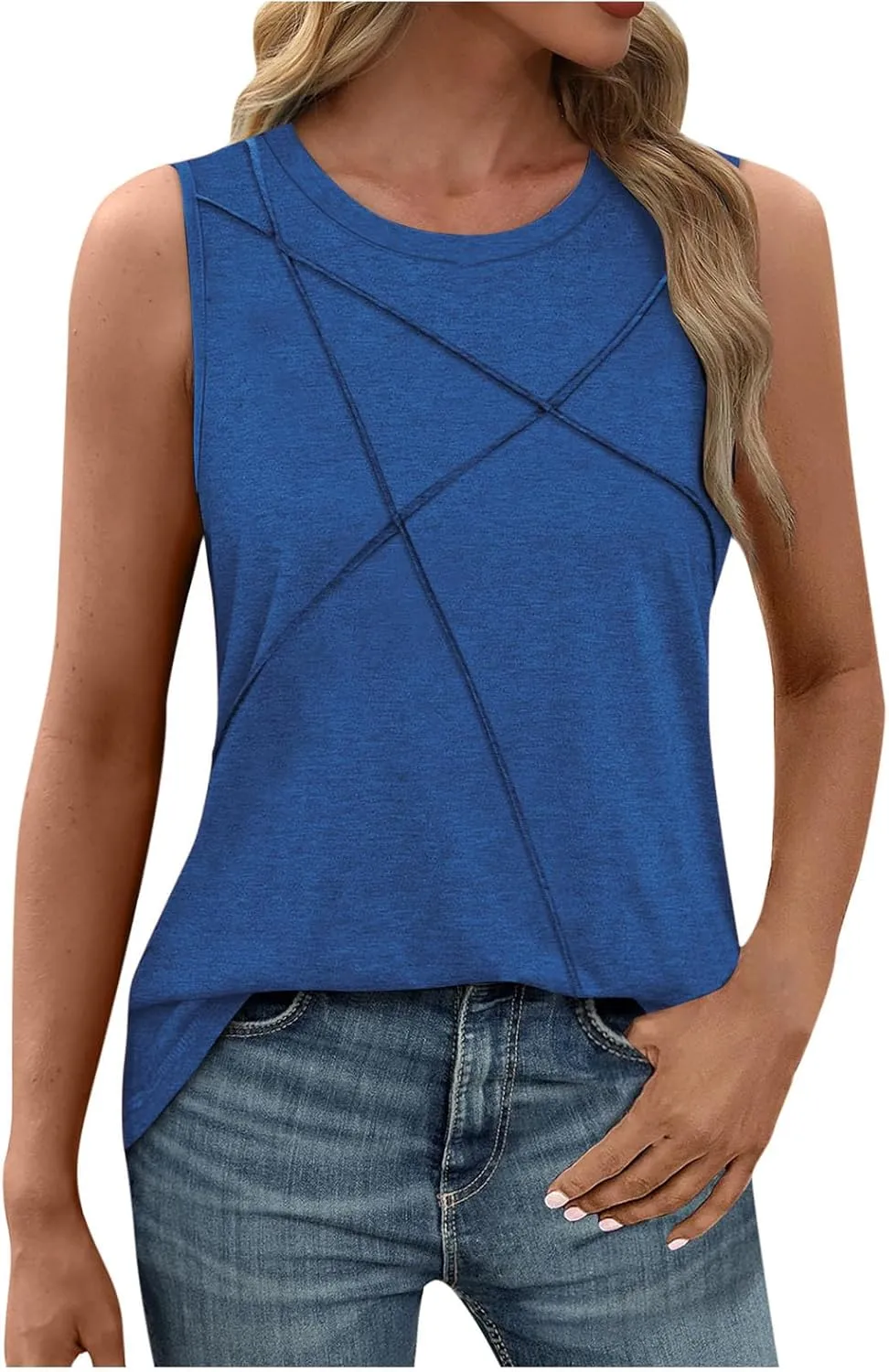 Funny Pleated Geometry Tank Tops Women Summer Sleeveless Crewneck Tunic T-Shirt Comfy Casual Loose Fit Beach Blouse