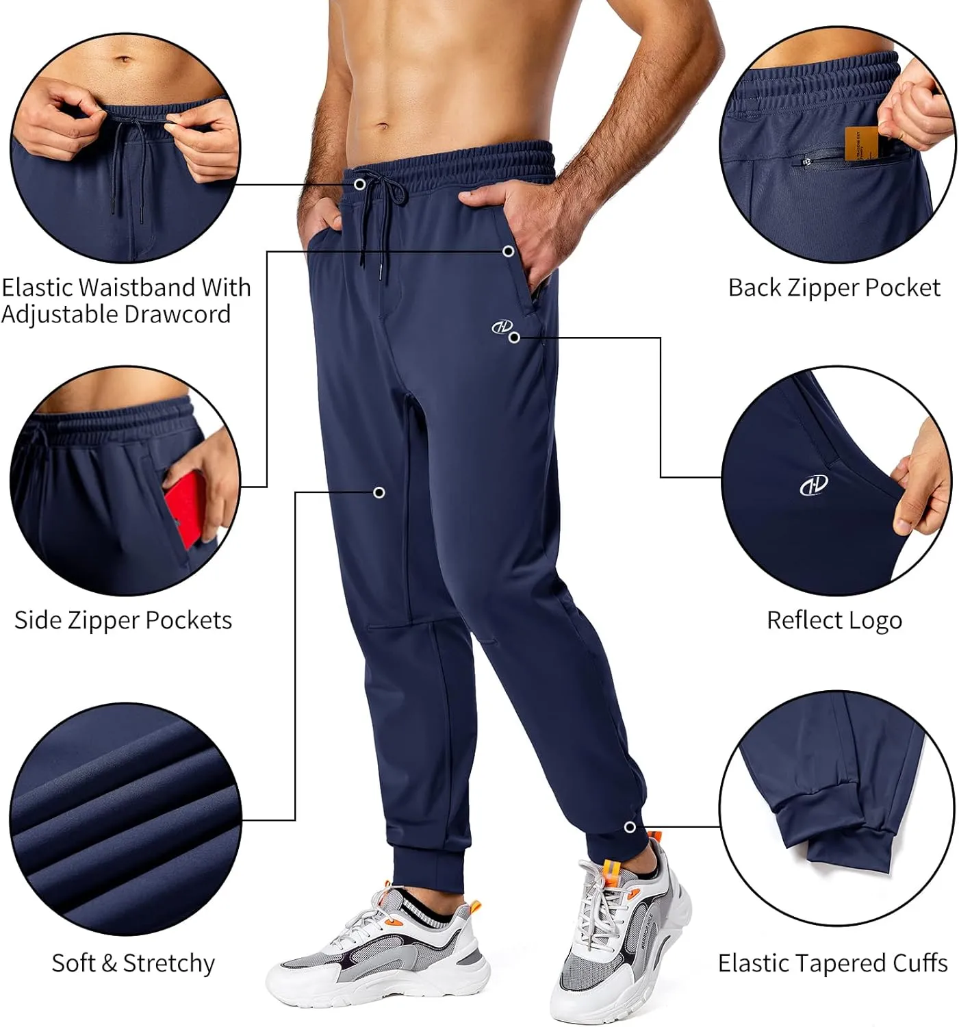 Hugut Men's Sweatpants Lightweight with Zipper Pockets Tapered Joggers Athletic Track Pants for Workout Running Training