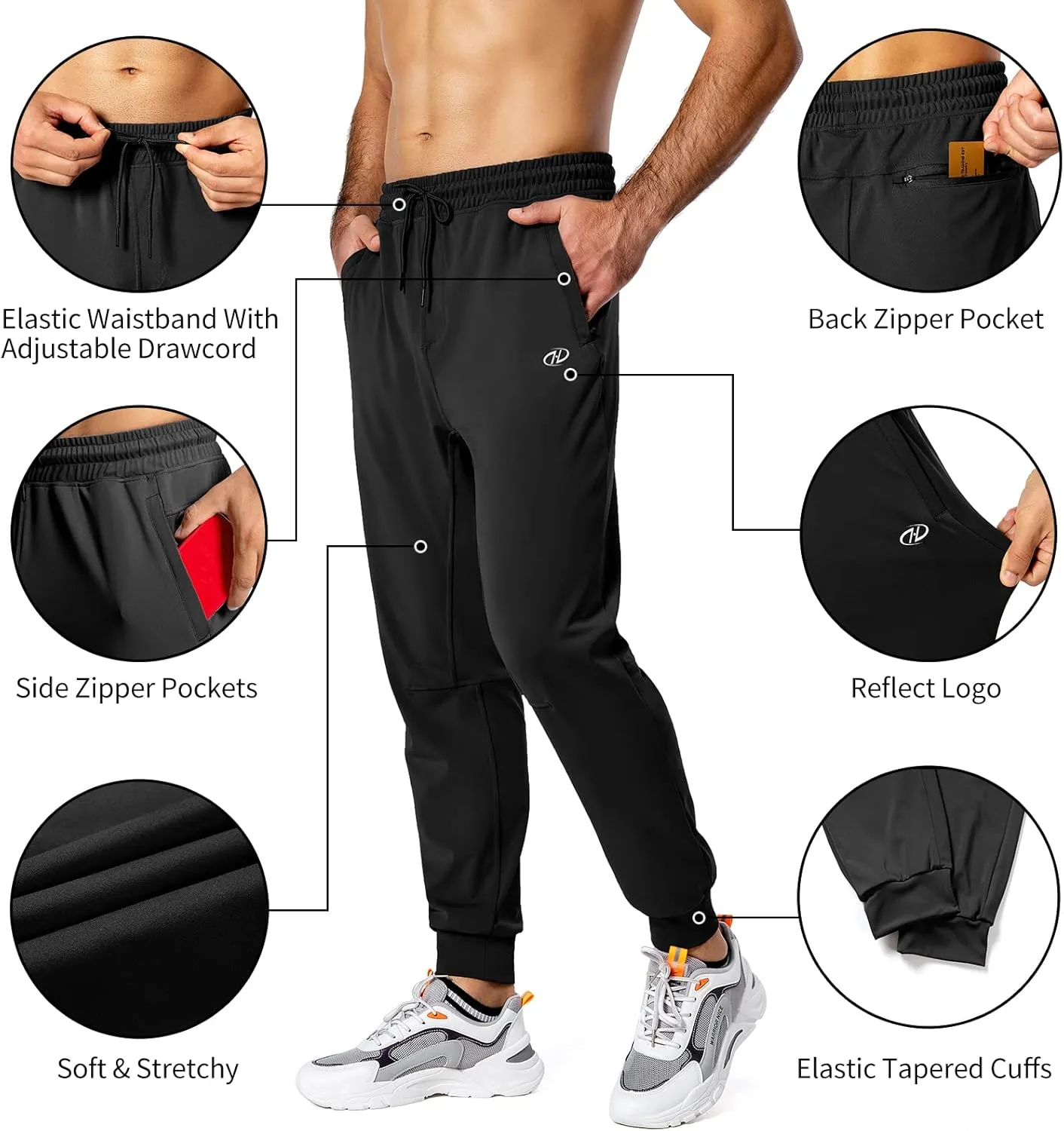 Hugut Men's Sweatpants Lightweight with Zipper Pockets Tapered Joggers Athletic Track Pants for Workout Running Training