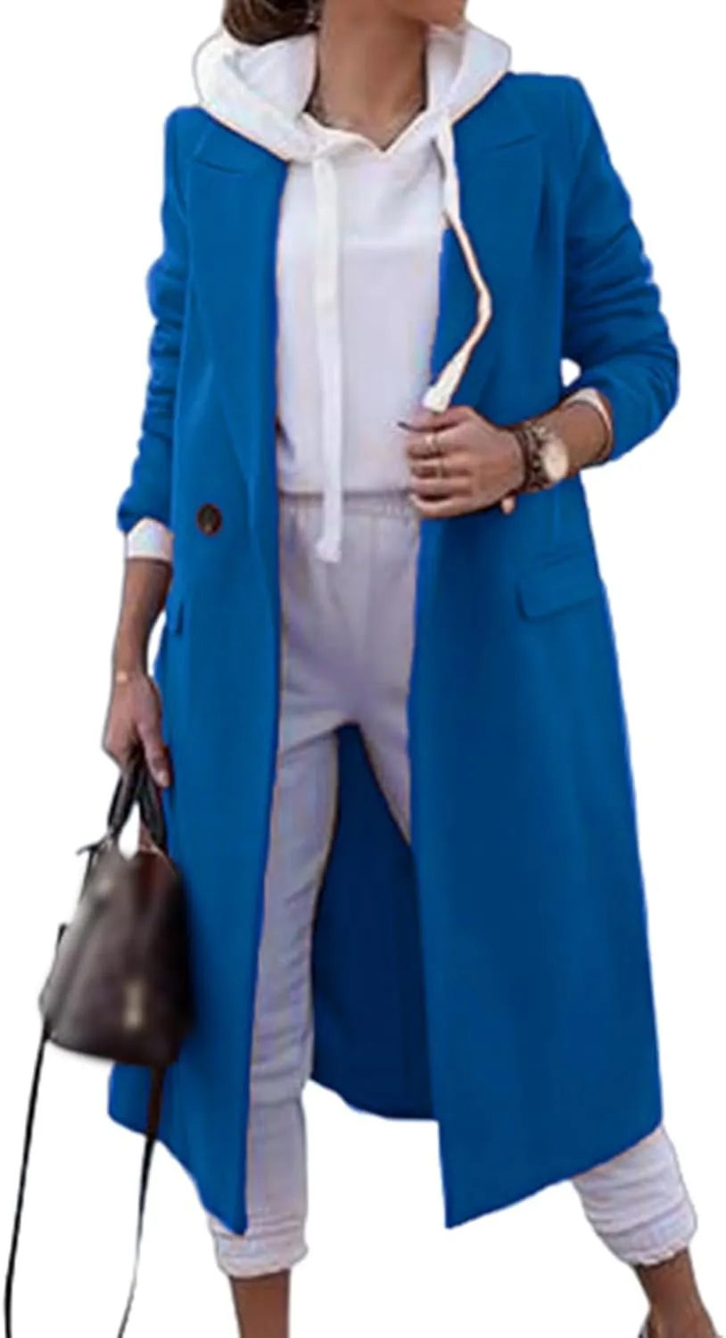 Kubbon Women's Double Breasted Pea Coat Lightweight Lapel Wool Blend Business Trench Jacket Elegant Work Office Outwear