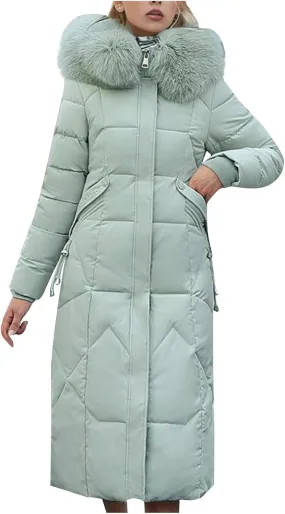 Long Winter Coats for Women with Fur Hood, Heavyweight Full Length Maxi Puffer Long Coat Quilted Outerwear