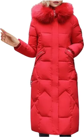 Long Winter Coats for Women with Fur Hood, Heavyweight Full Length Maxi Puffer Long Coat Quilted Outerwear