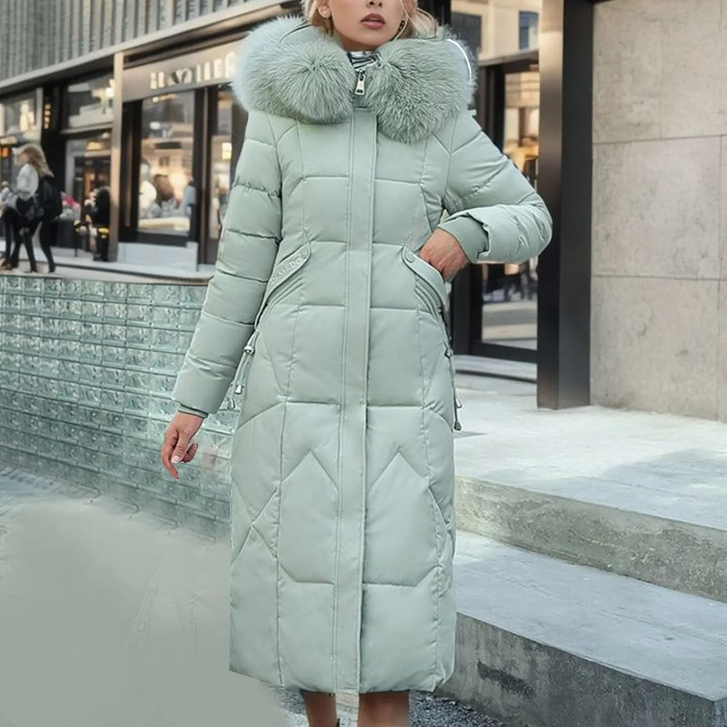 Long Winter Coats for Women with Fur Hood, Heavyweight Full Length Maxi Puffer Long Coat Quilted Outerwear
