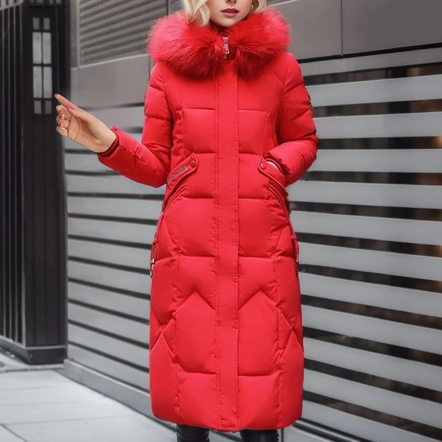 Long Winter Coats for Women with Fur Hood, Heavyweight Full Length Maxi Puffer Long Coat Quilted Outerwear