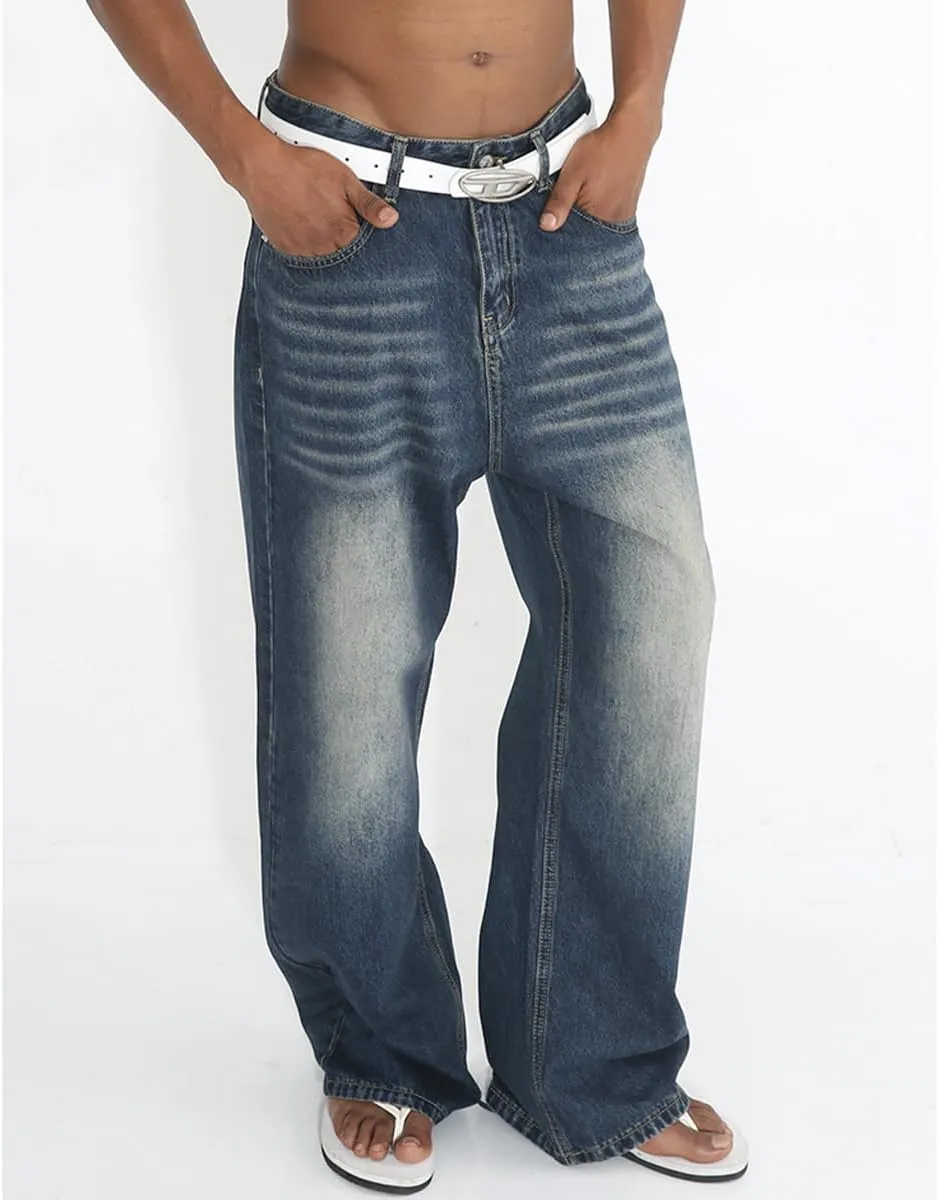 Loose Fit Jeans for Men Stretch High Waist Straight Casual Relaxed Washed Jeans