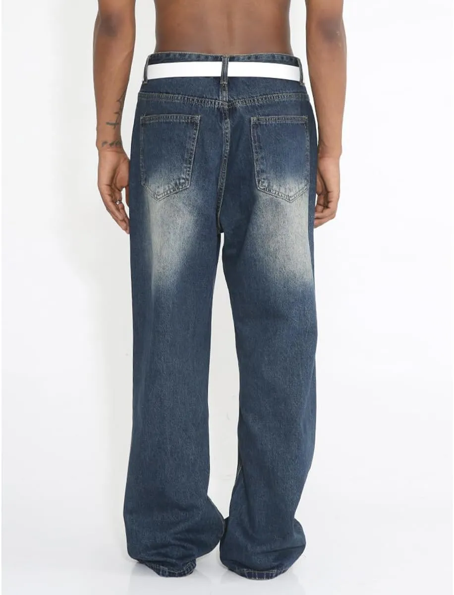 Loose Fit Jeans for Men Stretch High Waist Straight Casual Relaxed Washed Jeans