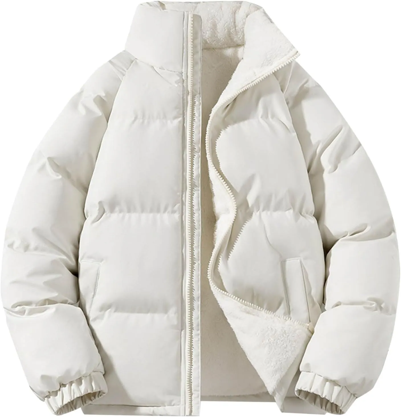 Mens Puffer Jacket Fleece Lined Down Coat Stand Collar Quilted Jacket Padded Insulated Coat Plus Size Winter Jacket