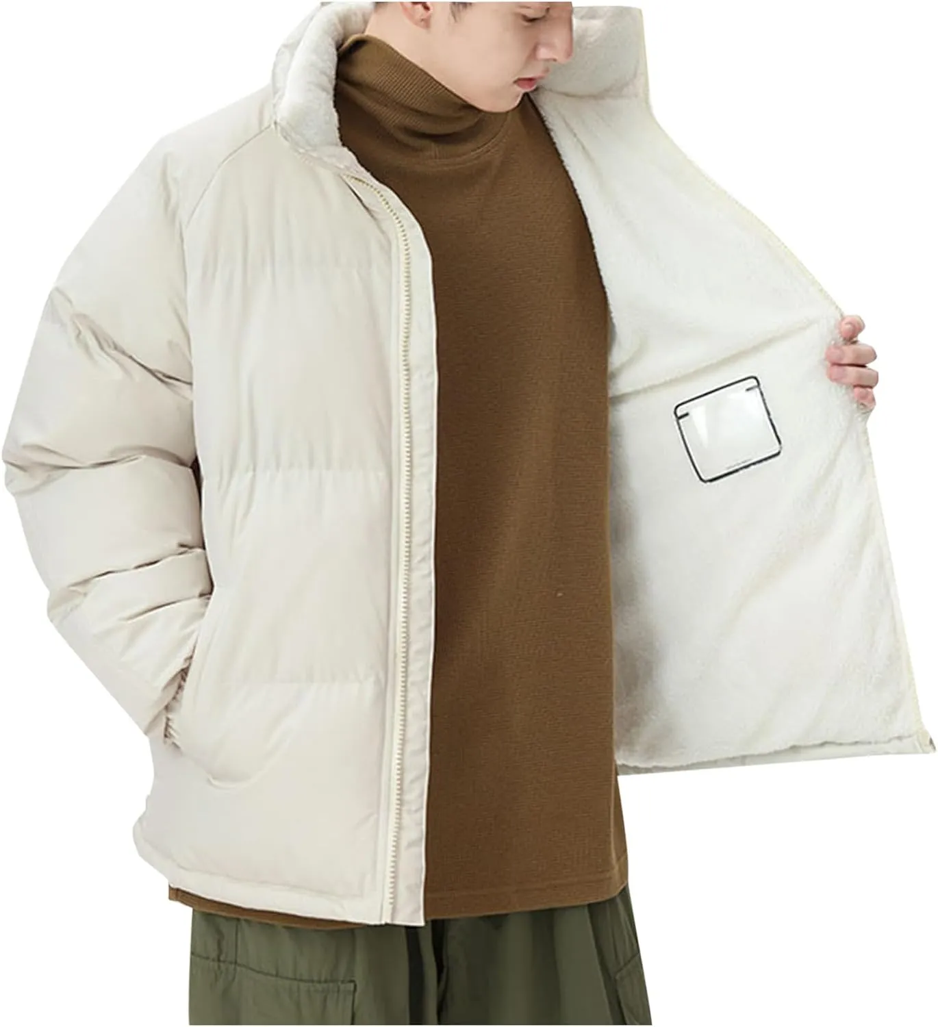 Mens Puffer Jacket Fleece Lined Down Coat Stand Collar Quilted Jacket Padded Insulated Coat Plus Size Winter Jacket