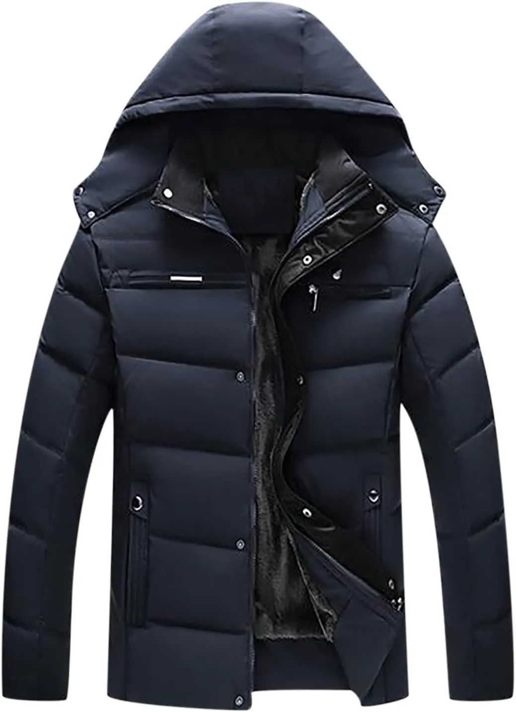 Men's Puffer Jacket Fleece Lined Down Coat Windproof Parka Hooded Quilted Coat Zip up Padded Coat Warm Winter Jacket