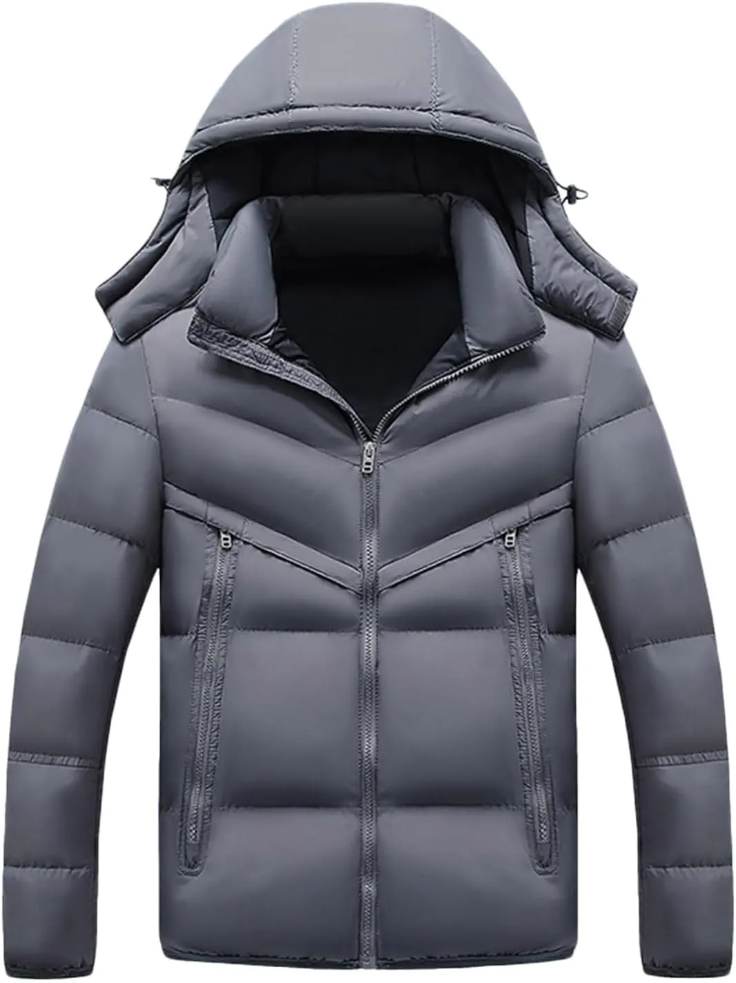 Mens Puffer Jacket with Detachable Hood Slim Fit Down Jacket Zip up Padded Coat Quilted Insulated Jacket Winter Coats