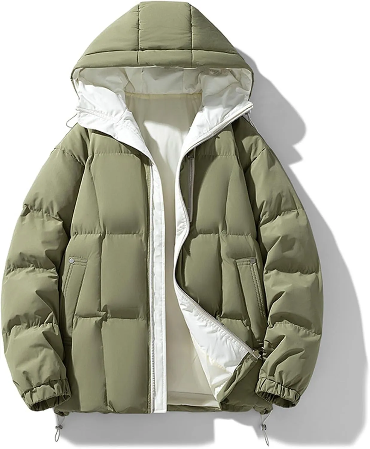 Mens Puffer Jacket with Hood Lightweight Full Zip Plus Size Warm Down Jacket Long Sleeve Casual Padded Warm Winter Coats