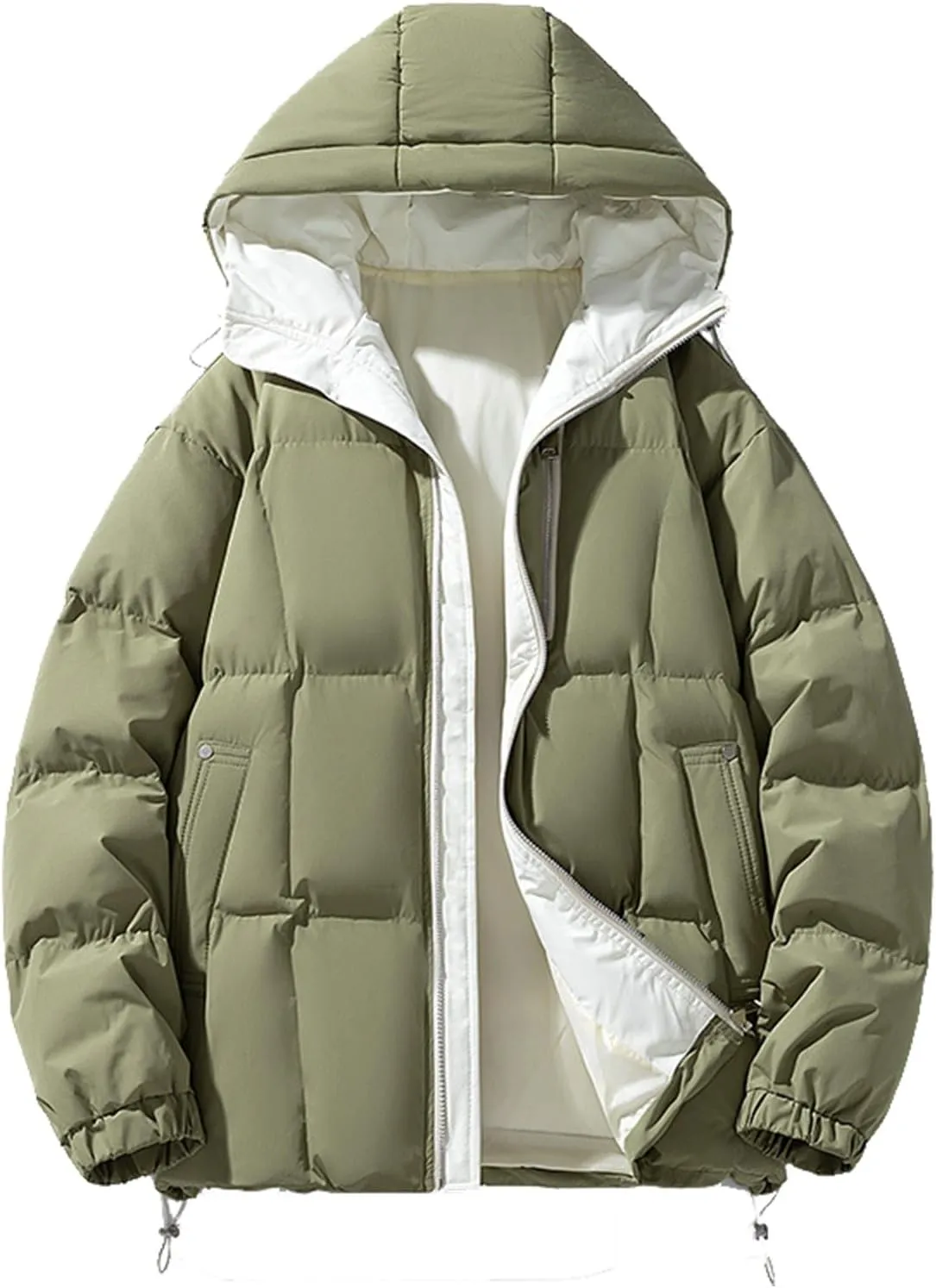 Mens Puffer Jacket with Hood Lightweight Full Zip Plus Size Warm Down Jacket Long Sleeve Casual Padded Warm Winter Coats