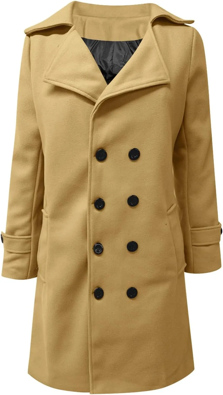 Mens Trench Coat Slim Fit Double Notched Lapel Collar Pea Coat Winter Wool Blend Overcoat Long Elegant Peacoat