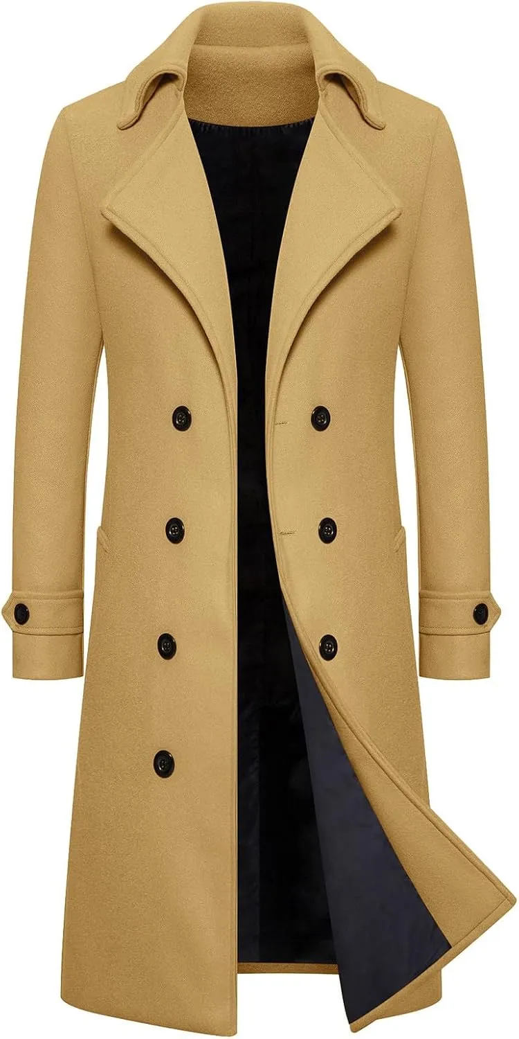 Mens Trench Coat Slim Fit Double Notched Lapel Collar Pea Coat Winter Wool Blend Overcoat Long Elegant Peacoat
