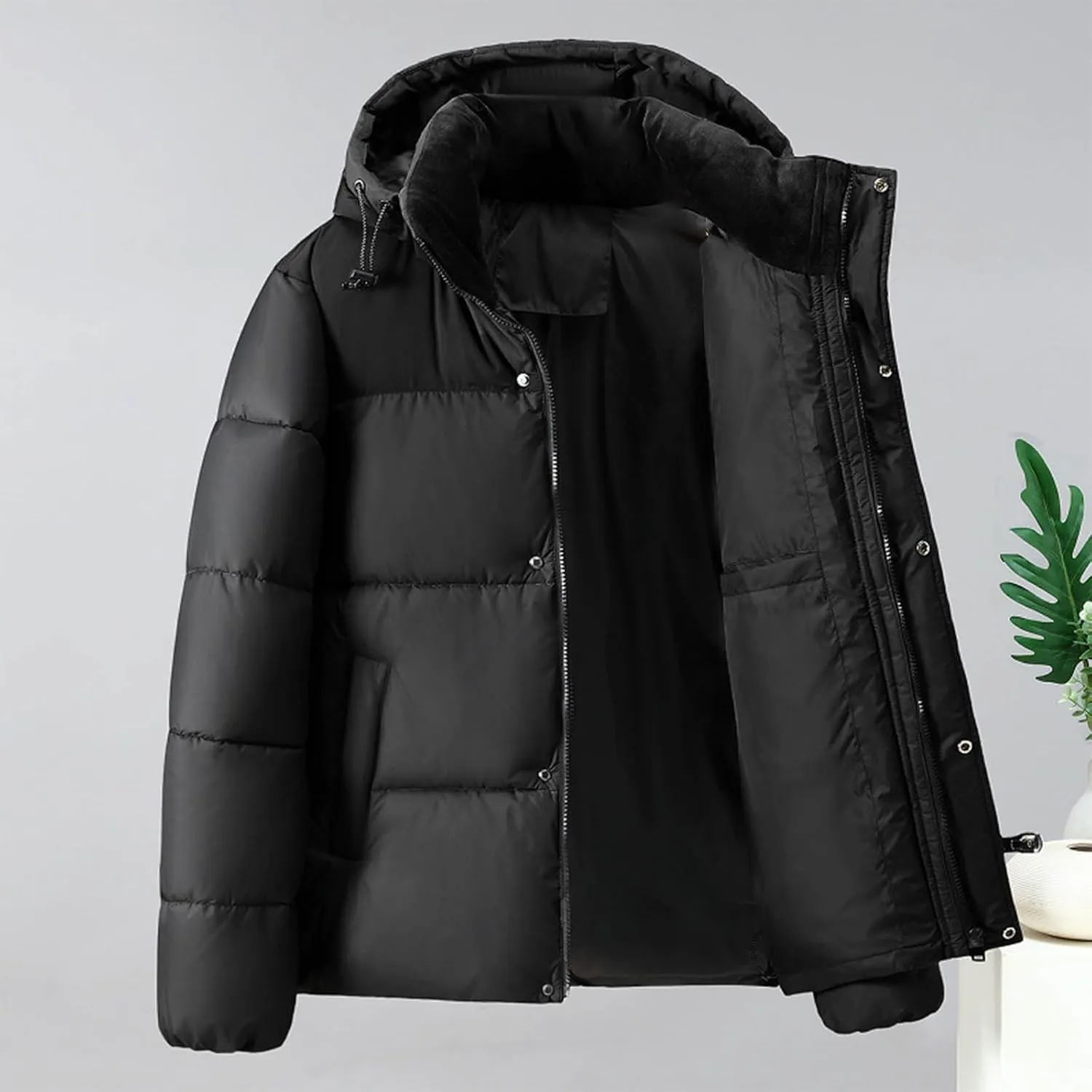 Puffer Jacket Men Zip up Padded Coat Hooded Down Jacket Warm Winter Coat Quilted Insulated Jacket Thermal Outwear