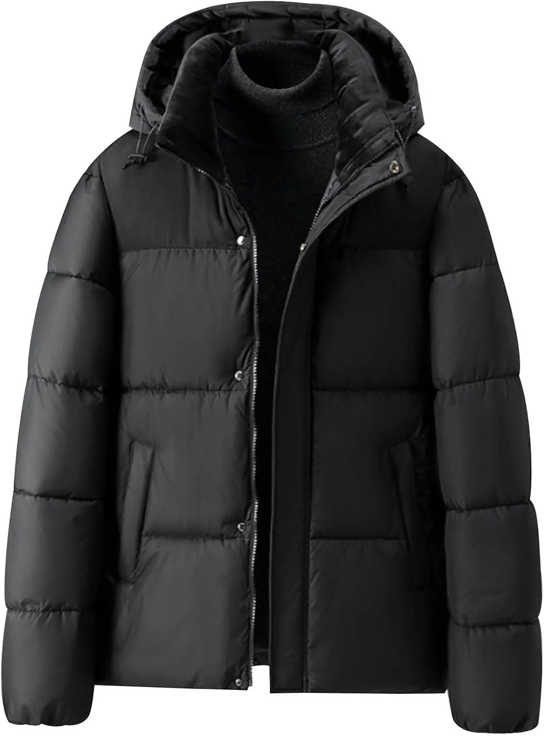 Puffer Jacket Men Zip up Padded Coat Hooded Down Jacket Warm Winter Coat Quilted Insulated Jacket Thermal Outwear