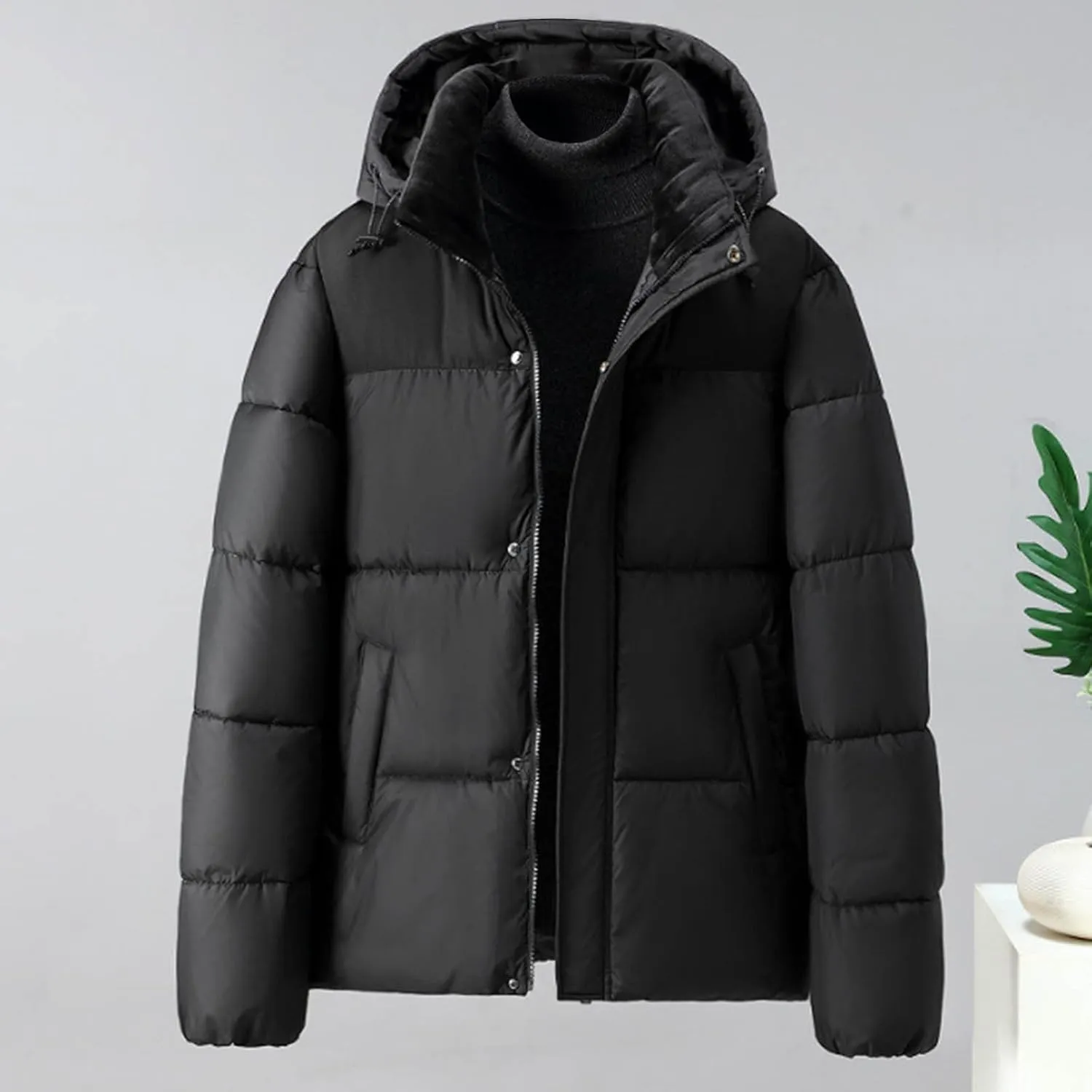 Puffer Jacket Men Zip up Padded Coat Hooded Down Jacket Warm Winter Coat Quilted Insulated Jacket Thermal Outwear