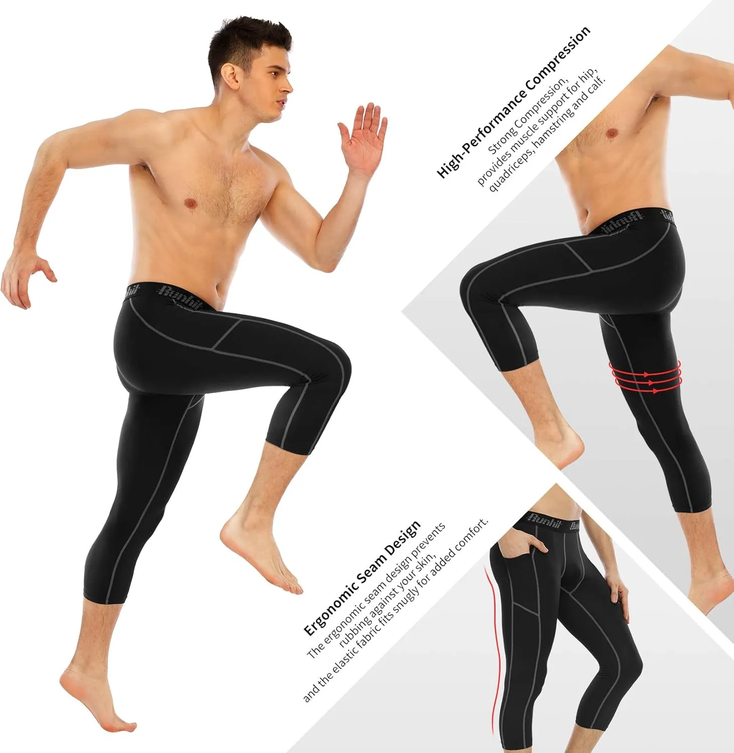 Runhit 3/4 Men's Compression Pants with Pockets,Workout Athletic Tights Leggings Athletic Base Layer Underwear