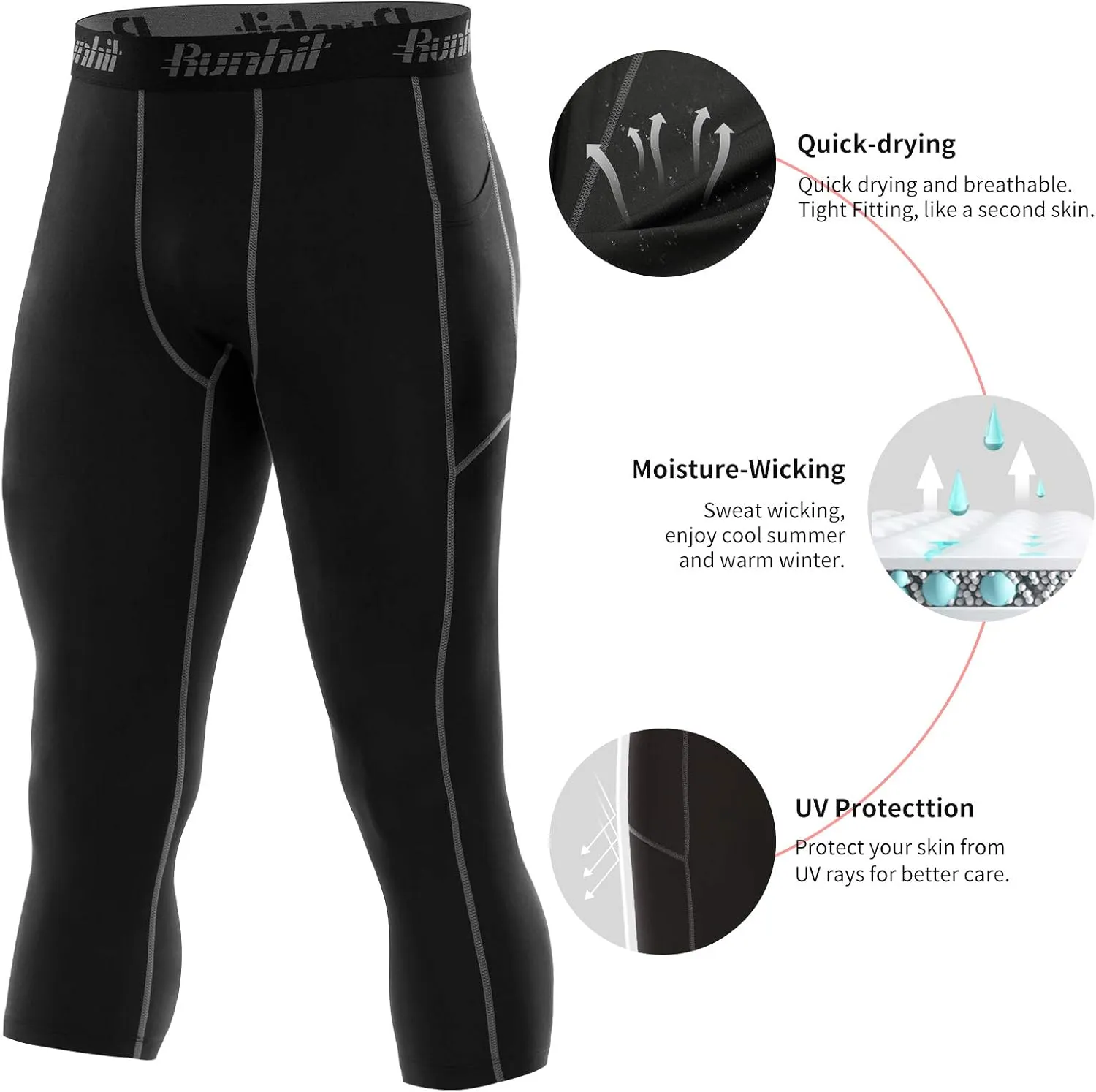 Runhit 3/4 Men's Compression Pants with Pockets,Workout Athletic Tights Leggings Athletic Base Layer Underwear