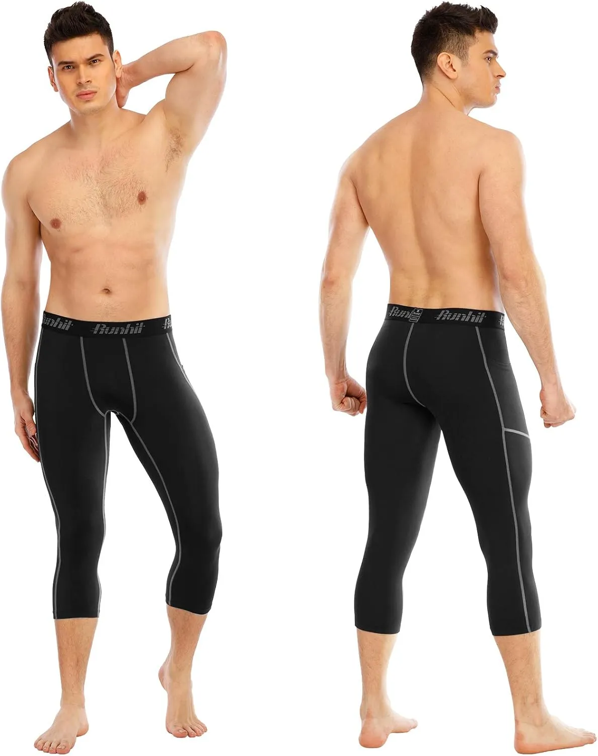 Runhit 3/4 Men's Compression Pants with Pockets,Workout Athletic Tights Leggings Athletic Base Layer Underwear