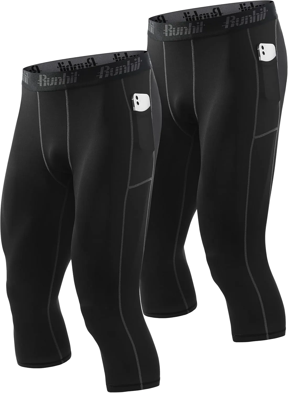 Runhit 3/4 Men's Compression Pants with Pockets,Workout Athletic Tights Leggings Athletic Base Layer Underwear