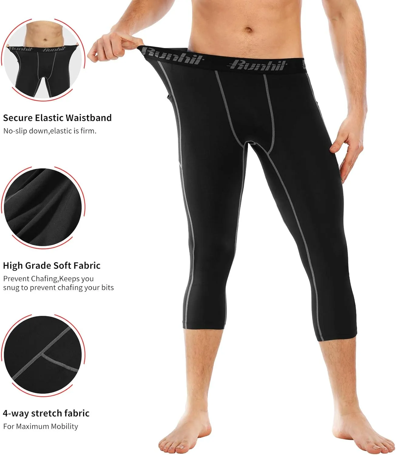 Runhit 3/4 Men's Compression Pants with Pockets,Workout Athletic Tights Leggings Athletic Base Layer Underwear