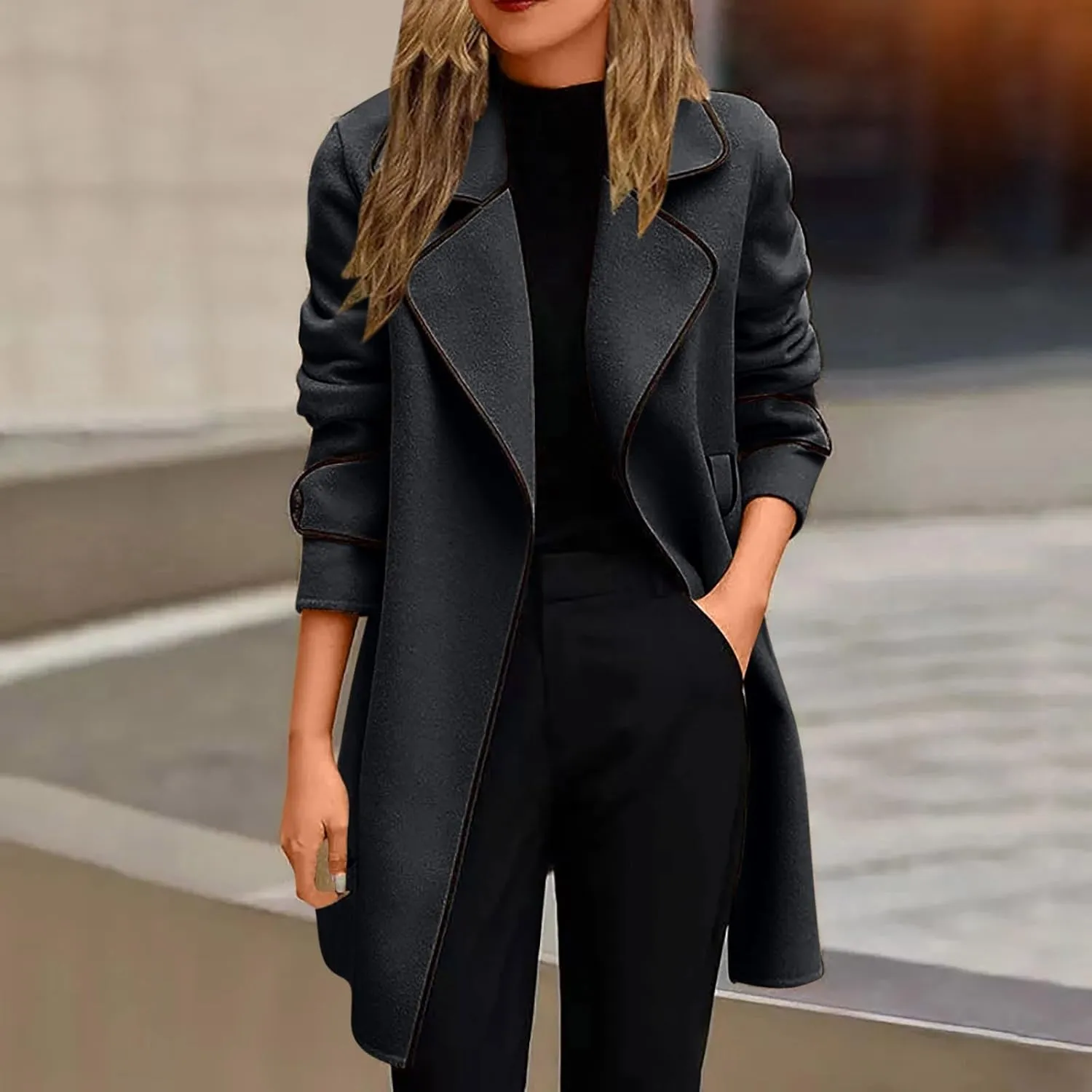 Trench Coat Women Long Double Breasted Pea Coats Casual Notch Lapel Collared Open Front Wool Coats Outwear