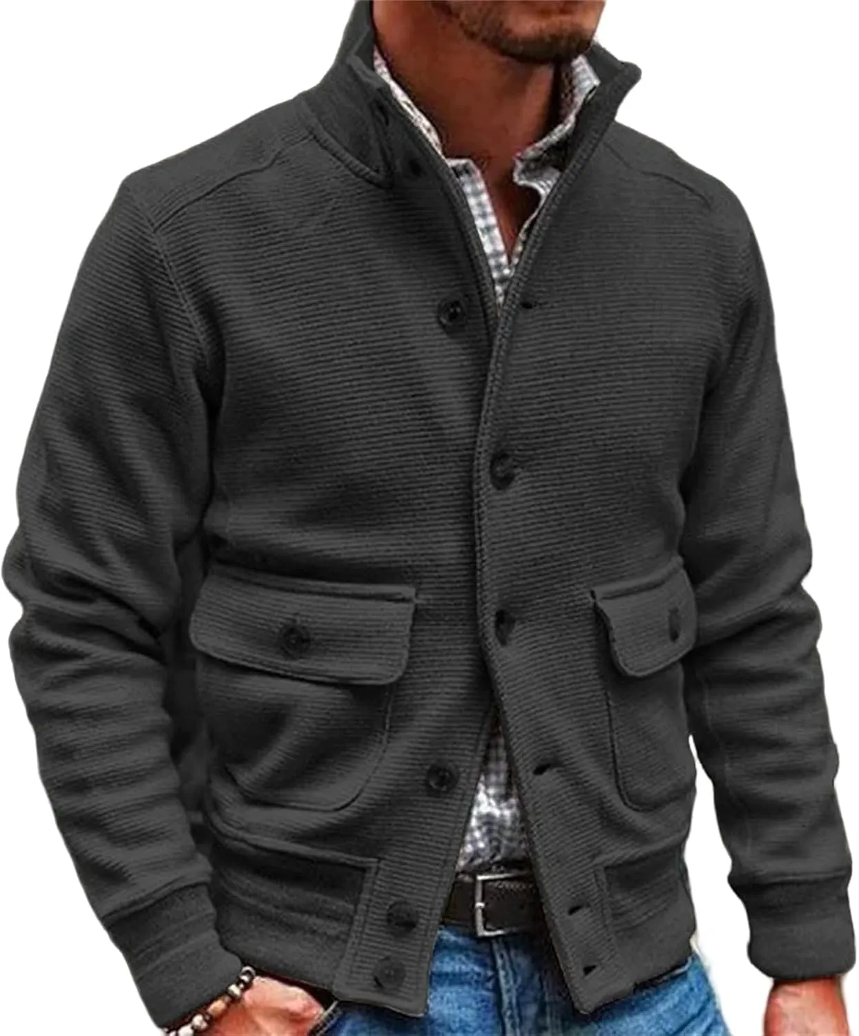 Wankang Mens Chunky Cardigan Sweater Cable Knit V Neck Casual Button Down Ribbed Sweater Jacket with Pockets for Men