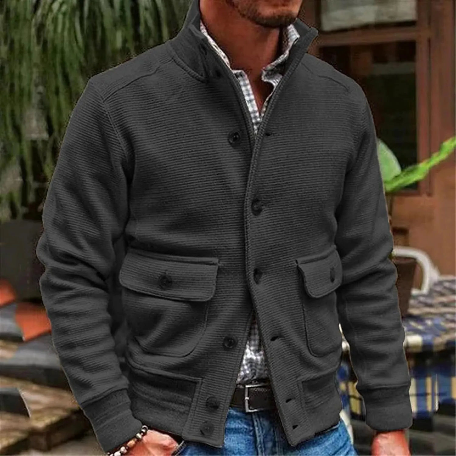 Wankang Mens Chunky Cardigan Sweater Cable Knit V Neck Casual Button Down Ribbed Sweater Jacket with Pockets for Men