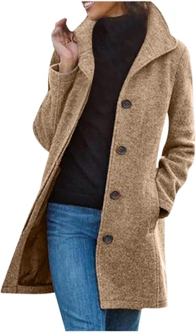 Winter Pea Coat for Women Dressy Single Breasted Long Trench Coat Casual Stand Collar Thicken Warm Overcoat