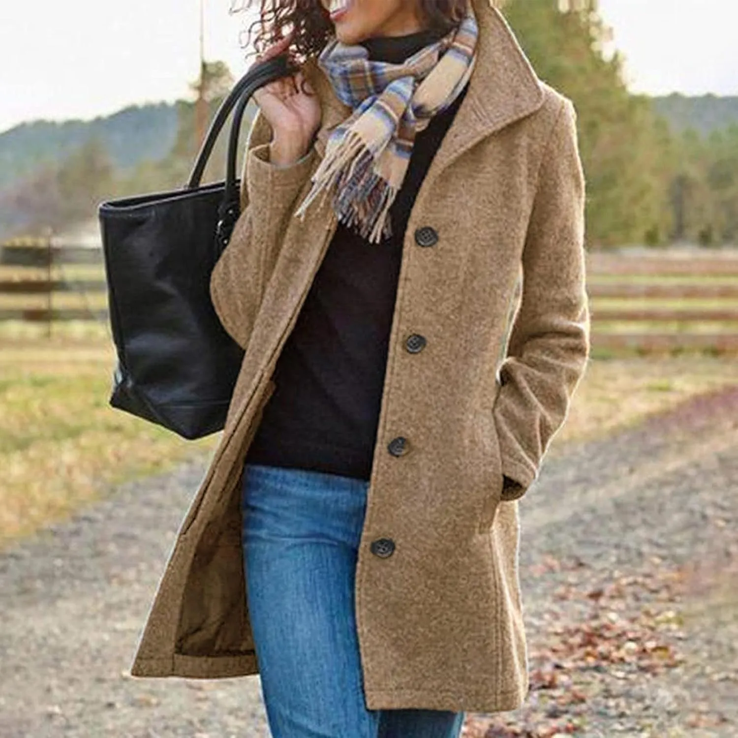 Winter Pea Coat for Women Dressy Single Breasted Long Trench Coat Casual Stand Collar Thicken Warm Overcoat
