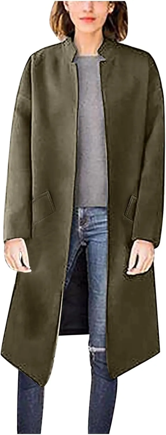 Winter Wool Coats for Women Casual Notch Lapel Single-Breasted Trench Coat Fall Winter Warm Peacoat With Pockets
