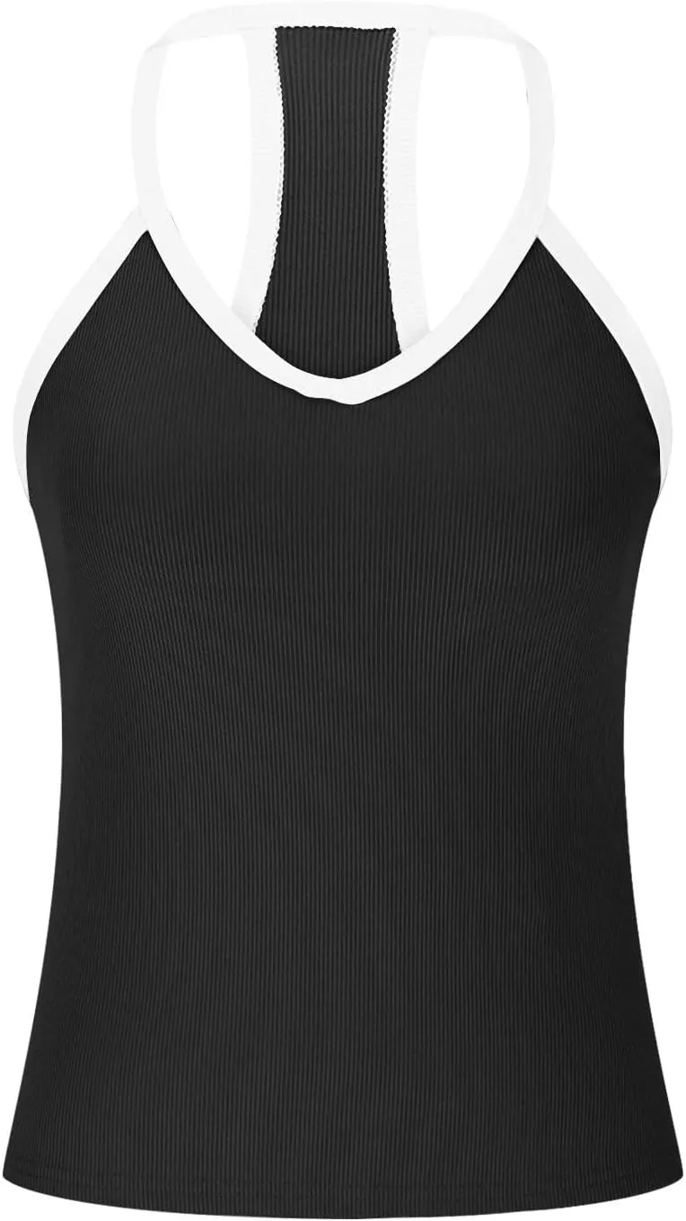 Women Sexy Camisole Deep V Neck Spaghetti Strap Color Block Top Trendy Yoga Workout Clothes Summer Slim Fit Outfit
