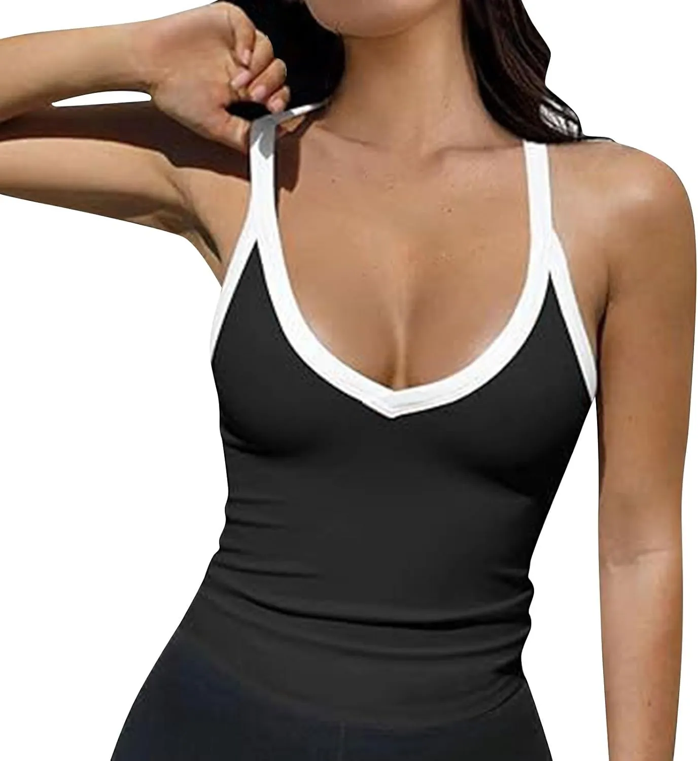 Women Sexy Camisole Deep V Neck Spaghetti Strap Color Block Top Trendy Yoga Workout Clothes Summer Slim Fit Outfit