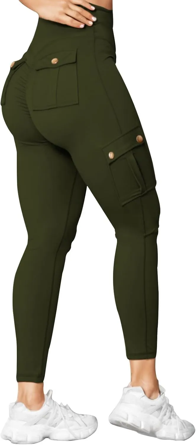 Women's Cargo Yoga Leggings High Waist Workout Butt Lifting Leggings Tummy Control Running Sports Pants with Pockets
