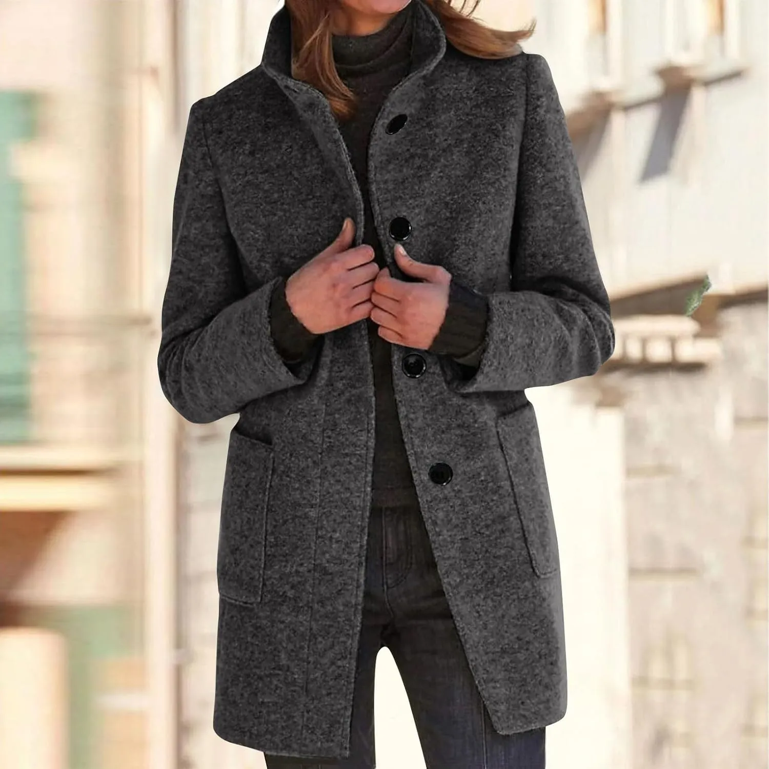 Womens Fall Winter Wool Coats Casual Notch Stand Collar Single Breasted Peacoat Thicken Blazer Jacket