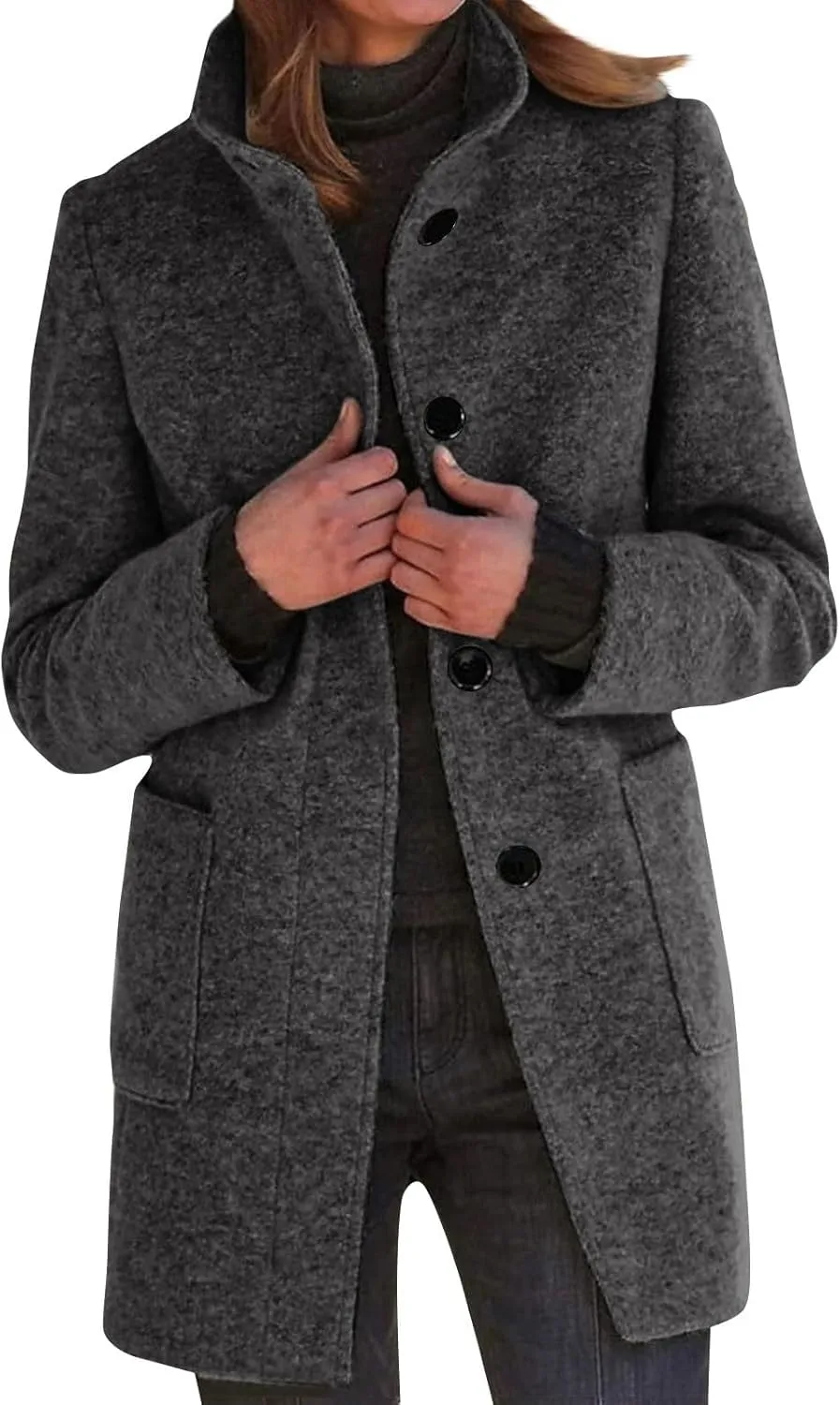 Womens Fall Winter Wool Coats Casual Notch Stand Collar Single Breasted Peacoat Thicken Blazer Jacket