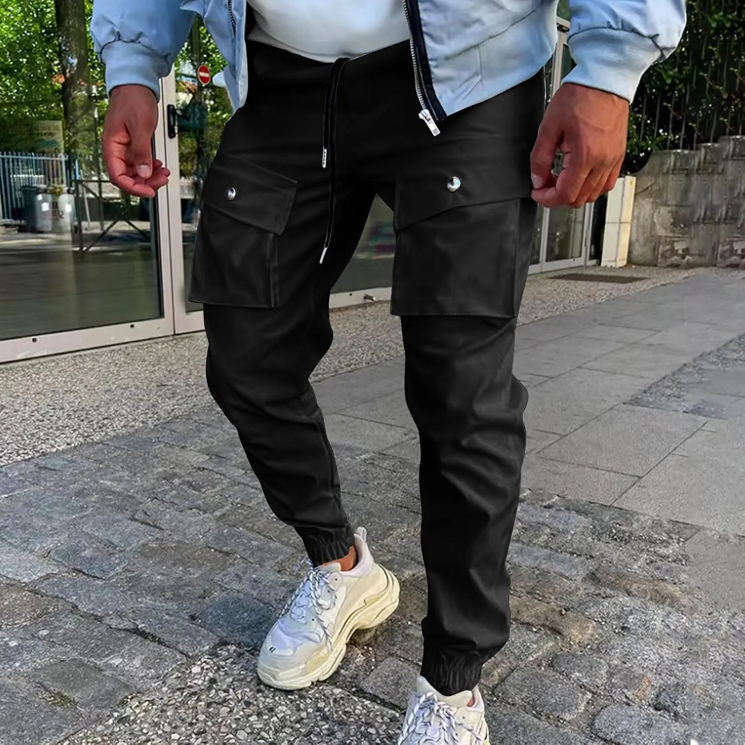 YUHGODO Men's Casual Mid-Rise Waist Tapered Leg Pants Drawstring Outdoor Running Jogger Cargo Pants with Multi Pockets