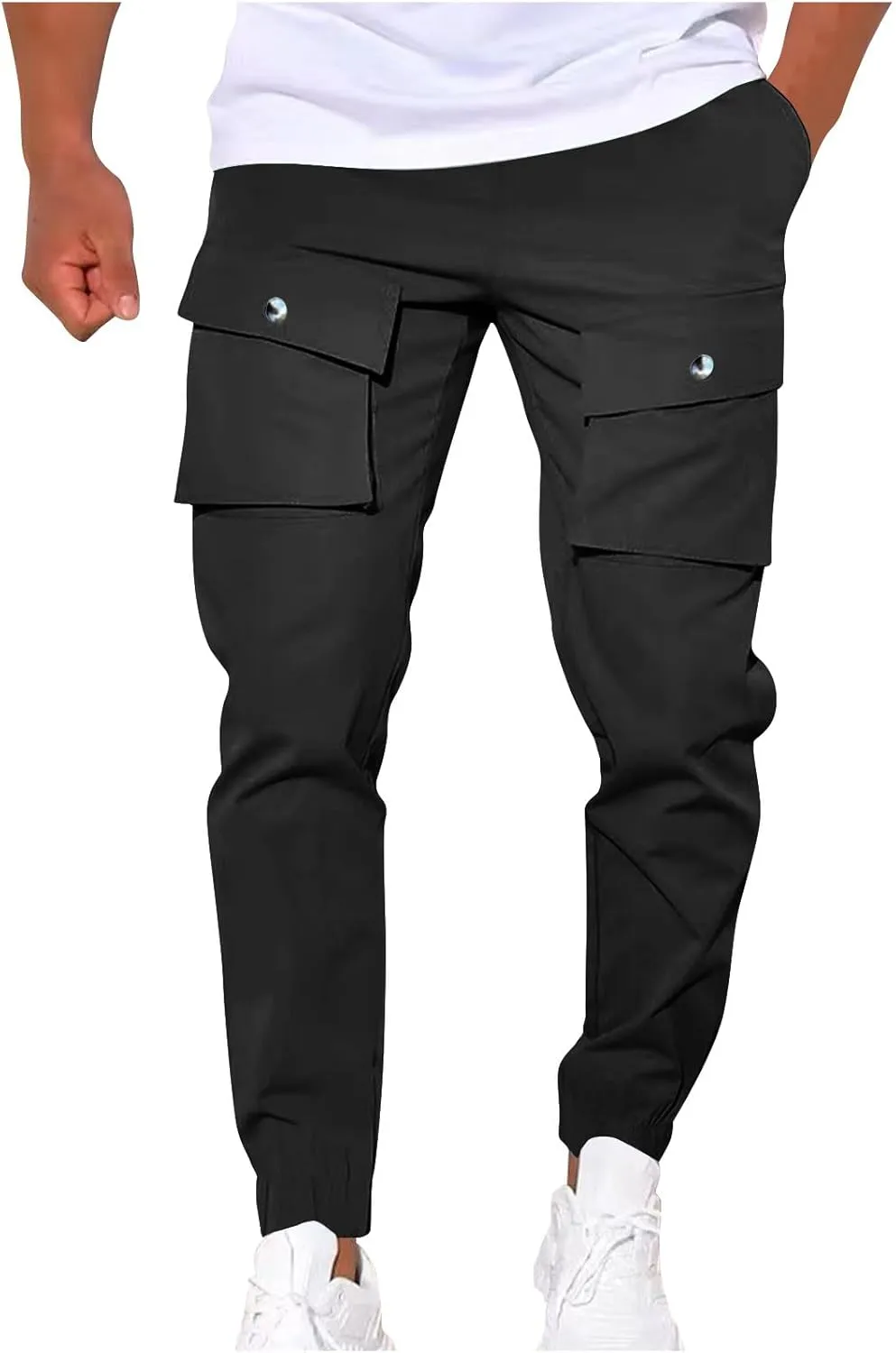 YUHGODO Men's Casual Mid-Rise Waist Tapered Leg Pants Drawstring Outdoor Running Jogger Cargo Pants with Multi Pockets