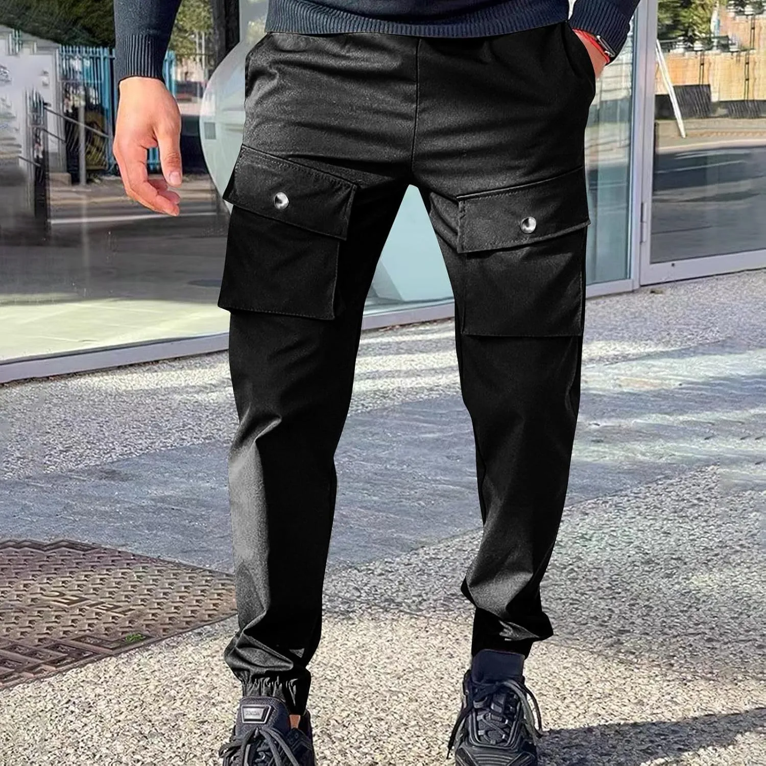 YUHGODO Men's Casual Mid-Rise Waist Tapered Leg Pants Drawstring Outdoor Running Jogger Cargo Pants with Multi Pockets